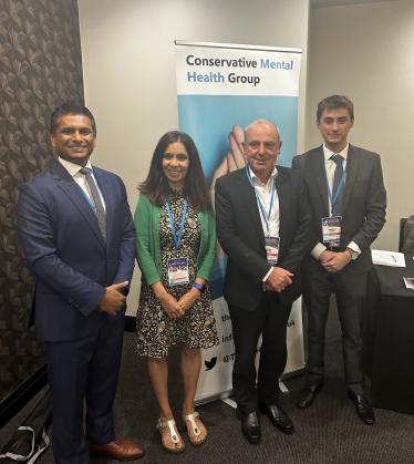 Aubrey with panellists Dr Sandesh Gulhane MSP (Shadow Secretary, Health and Social Care) Prof. Karol Sikora (Former Director, WHO Cancer Programme) and Mubeen Bhutta (Head of Policy, Samaritans).